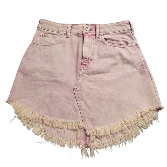 Free People Dresses & Skirts - Free People We The Free Pink Acid Wash Fringe Tulip Hem Denim Mini Skirt Size 26
